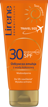 Pomarańczowa emulsja Lirene Sun Expert SPF 30 z wodą kokosową, wodoodporna tuba travel size.
