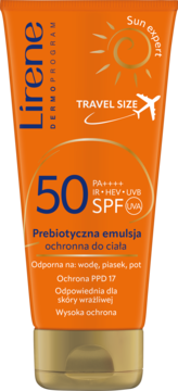 Lirene Sun Expert prebiotyczna emulsja do ciała SPF 50, pomarańczowa tubka travel size, widok z przodu.