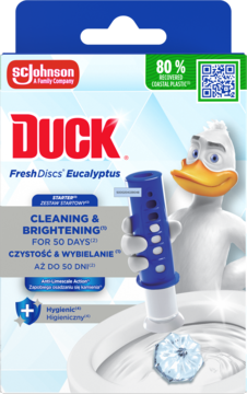 DUCK Fresh Discs Eucalyptus w biało-niebieskim opakowaniu, z kaczorem i aplikatorem w toalecie, widok z przodu.