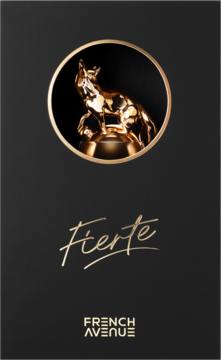 Czarne, luksusowe opakowanie FRENCH AVENUE Fierte, złota statuetka lisa w okrągłym emblemacie, widok z przodu.