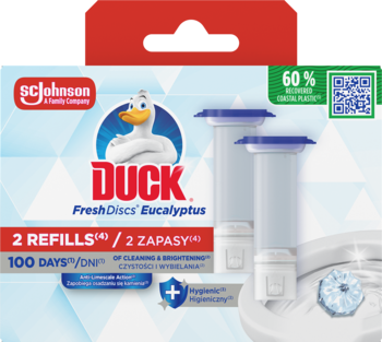 SC Johnson DUCK FreshDiscs Eucalyptus, 2 wkłady do toalety, biało-niebieskie opakowanie, widok z przodu.