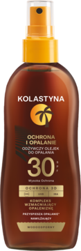 Kolastyna SPF 30 odżywczy olejek do opalania, ciemnobrązowa butelka z pomarańczową nakładką i logo.