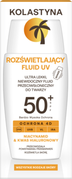 Kolastyna rozświetlający fluid UV SPF50+ w białej butelce z pomarańczowymi napisami i palmą, widok z przodu.