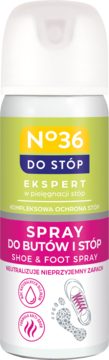 Spray do butów i stóp N°36 w białej butelce z zielono-różową etykietą, neutralizuje nieprzyjemne zapachy.