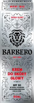 Barbero krem do skóry głowy SPF 50, srebrne opakowanie z czarnym lwem, czerwone napisy, wysoka ochrona UVA/UVB.