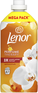 Lenor Perfume Therapy Mega Pack Gold Orchid & Vanilla płyn do płukania tkanin, butelka z białymi orchideami.