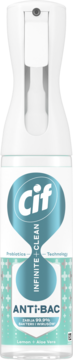 Cif Infinite Clean Anti-Bac, biały spray czyszcząco-dezynfekujący, cytryna & aloes, etykieta niebieski klepsydra.