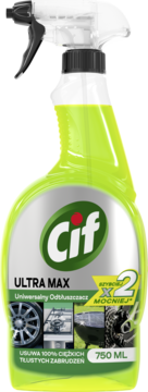 Cif Ultra Max uniwersalny odtłuszczacz 750ml w jaskrawozielonej butelce z atomizerem, napis "2x mocniej", widok frontalny.