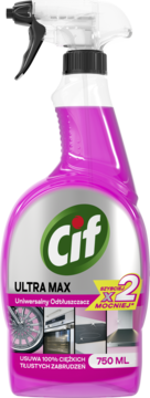 Cif Ultra Max Pink, uniwersalny odtłuszczacz w sprayu 750 ml, widok z przodu, usuwa 100% tłustych zabrudzeń.