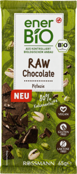 enerBiO RAW Czekolada Pistacjowa 80% kakao, zielone opakowanie. Wegańska, bezglutenowa, widok przodu, z pistacjami.