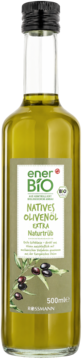 Zielonkawa oliwa ener BIO Extra Natives Naturtrüb w szklanej butelce 500ml z oliwkami na etykiecie, widok z przodu.