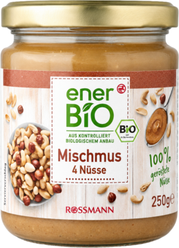 Bio enerBiO mieszany mus orzechowy z 4 orzechów, 100% prażone orzechy, 250g, widok z przodu.
