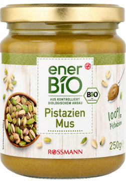 Słoik enerBiO Musu Pistacjowego, 250g, z zielono-białą etykietą i złotą nakrętką, widok z przodu.