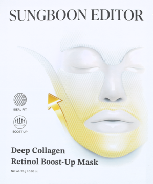 Opakowanie SUNG BOON EDITOR Deep Collagen Retinol Boost-Up Mask, białe, z wizualizacją maski liftingującej, złoty akcent.