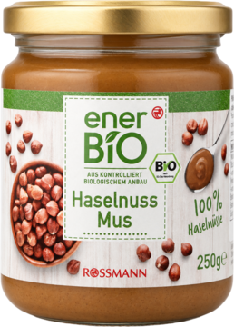 EnerBiO Bio Haselnuss Mus 250g w szklanym słoiku, zielona etykieta z napisem 100% orzechów, widok z przodu.