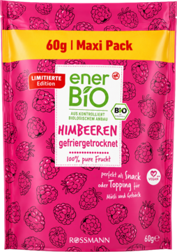 Różowe opakowanie enerBiO Himbeeren gefriergetrocknet, 60g Maxi Pack, z wzorem malin i logo BIO. Widok z przodu.