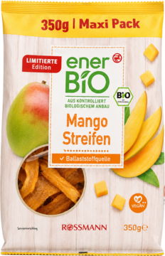 EnerBIO Mango Streifen Maxi Pack, beżowe opakowanie z owocami mango i suszonymi paskami, widok z przodu, 350g.