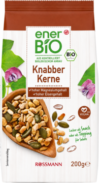 EnerBIO Knabber Kerne, 200g, ekologiczna mieszanka prażonych nasion, bogata w magnez i żelazo. Widok z przodu.