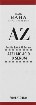 Białe pudełko Cos De BAHA AZELAIC ACID 10 SERUM, 30ml, z czerwonymi akcentami, widok z przodu.