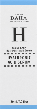 Serum Cos De BAHA Hyaluronic Acid H w białym pudełku z niebieskimi paskami, widok z przodu, 30ml.