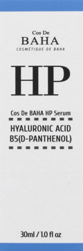 Cos De BAHA HP Serum, hyaluronic acid B5 D-Panthenol, białe pudełko z niebieskimi paskami, widok z przodu, 30ml.