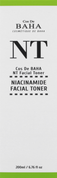Cos De BAHA NT Niacinamide Facial Toner 200ml, białe opakowanie z zielonymi akcentami, widok z przodu.