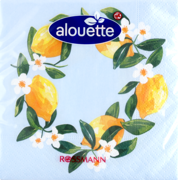 Serwetki Alouette z cytrynowym wiankiem na błękitnym tle, logo Rossmann, w folii, widok z góry.