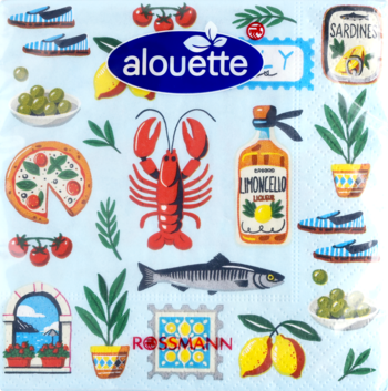 Serwetki Alouette 3-warstwowe 25x25cm, niebieskie, wzór śródziemnomorski z homarem, pizzą i cytrynami.