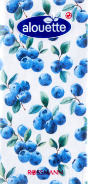 Alouette serwetki 3-warstwowe z wzorem dojrzałych, niebieskich jagód i zielonych liści na białym tle. Widoczne logo Rossmann.