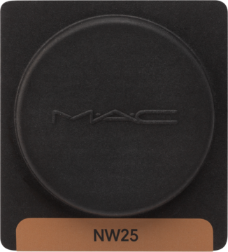Wkład MAC NW25, podkład matowy w ciemnej, okrągłej formie z brązowym odcieniem na dole, widok z góry.