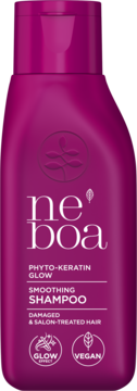 Neboa Phyto-Keratin Glow Smoothing Shampoo do włosów zniszczonych, różowa butelka, widok z przodu.