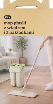 Eloy mop płaski z wiadrem i 2 nakładkami, beżowo-zielony, w użyciu na drewnianej podłodze, opakowanie u góry.