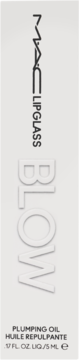 Białe opakowanie MAC LIPGLASS Plumping Oil z wypukłym napisem BLOW, widok z przodu, 5 ml.