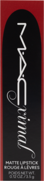 Frontal view of red and black MAC Matte Lipstick box with vertical stylized 'MAC primal' logo, 0.12 oz./3.5g.