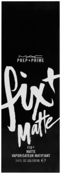 Czarny kartonik MAC Prep+Prime Fix+ Matte sprayu matującego, z białym napisem, widok frontalny.