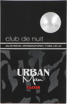 Czarny kartonik perfum męskich Club De Nuit Urban Man Elixir z srebrnym napisem i metalowym dyskiem, widok z przodu.