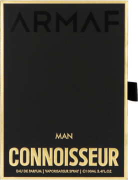 Pionowe opakowanie Armaf Connoisseur Man Eau de Parfum, czarne ze złotą ramką i napisami, widok z przodu.