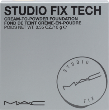 Front szarego opakowania MAC Studio Fix Tech Cream-to-Powder Foundation, z nazwą produktu i wagą.
