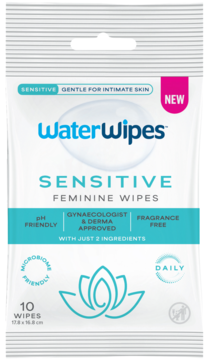 WaterWipes Sensitive Feminine Wipes, białe opakowanie 10 sztuk, bezzapachowe, PH friendly, widok z przodu.