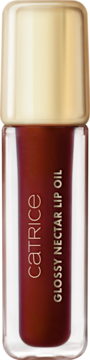 Catrice Glossy Nectar Lip Oil w burgundowym odcieniu, przezroczysta butelka z złotą nakrętką, widok z przodu.