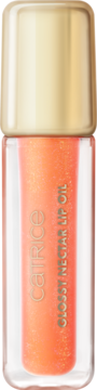 Catrice Glossy Nectar Lip Oil, przezroczysta butelka, złota zakrętka, brzoskwiniowy płyn z brokatem, widok z przodu.