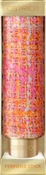 Catrice Perfume Stick w złotym opakowaniu, z różowo-pomarańczową teksturą tweedową, widok z przodu.