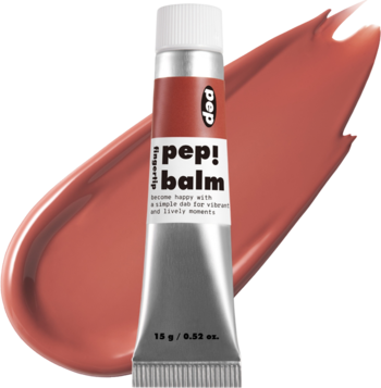 Wielofunkcyjny balsam I'm Meme I'm Pep! Balm w srebrnej tubce niczym farba, odcień ceglasty na tle swatcha.