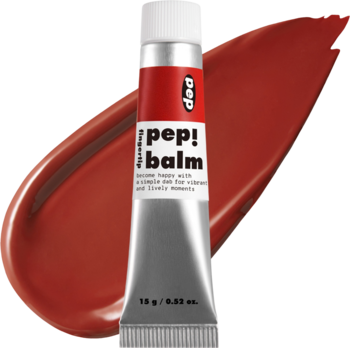 I'm Meme I'm Pep! Balm Recharger, balsam do ust/policzków w srebrnej tubce, na brązowo-czerwonej smudze. Widok z przodu.