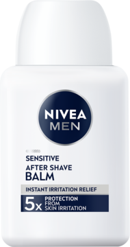 NIVEA MEN Sensitive After Shave Balm, biała butelka, widok z przodu. Ulga w podrażnieniach, 5x ochrona.