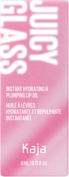 Różowe opakowanie Kaja Juicy Glass Instant Hydrating & Plumping Lip Oil z białym pionowym napisem.