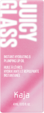 Różowe opakowanie Kaja Juicy Glass Instant Hydrating & Plumping Lip Oil 4ml, z przodu.