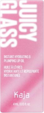 Różowe opakowanie olejku Kaja Juicy Glass, przód z napisem Instant Hydrating & Plumping Lip Oil, 4 ml.