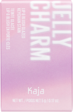 Różowe opakowanie Kaja Jelly Charm Lip & Blush Glazed Keychain Stain z białymi napisami. Widok z przodu.