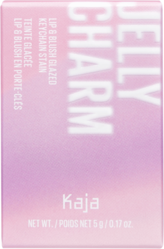 Różowo-fioletowe opakowanie Kaja Jelly Charm Lip & Blush Keychain Stain, widok z przodu.